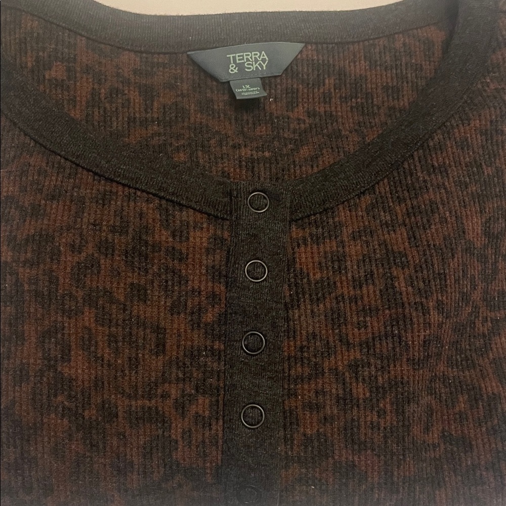 Terra & Sky Brown and Black Animal-Print Henley Top